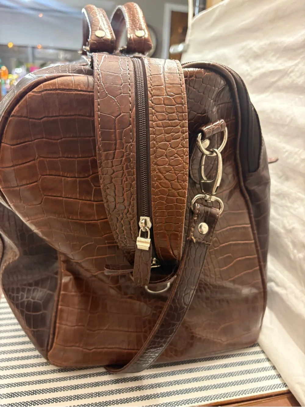 Classic Brown Croc-Embossed Leather Duffel Bag